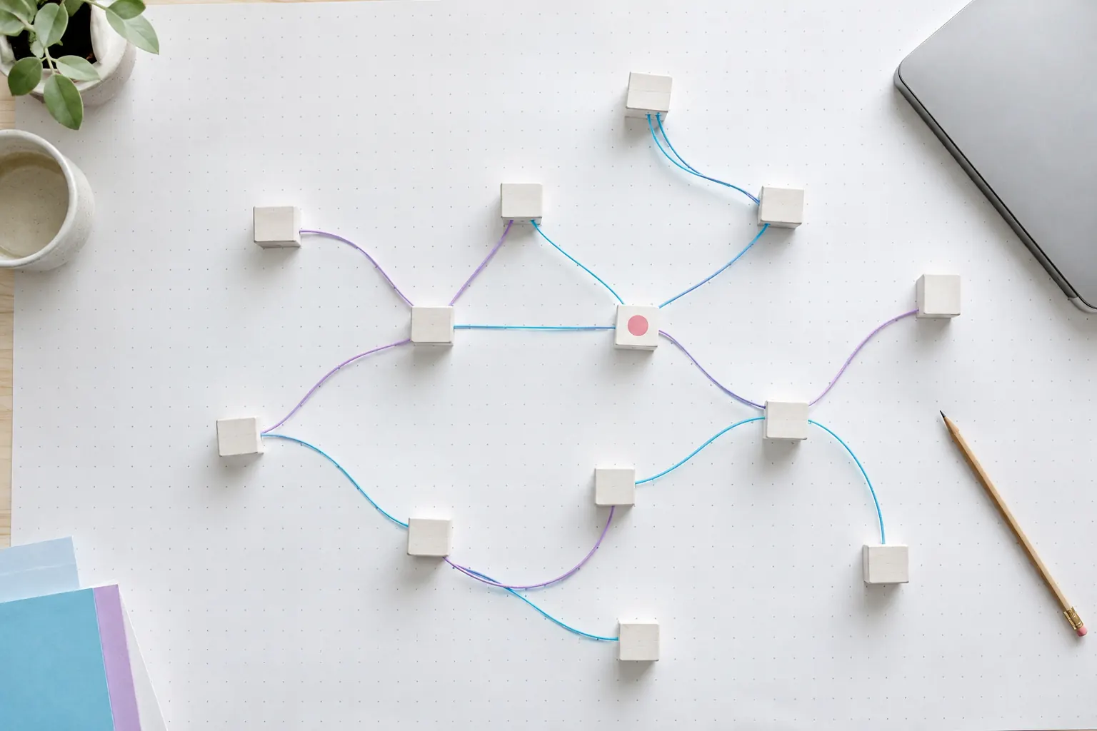 Blocs de bois blancs reliés par des cordons violets et cyan sur papier pointillé
