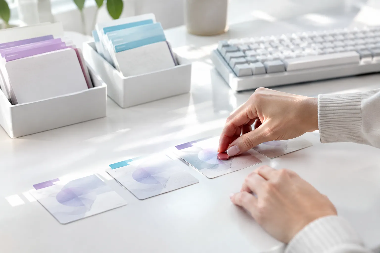 Mains déposant un jeton rose de validation sur une fiche, symbole du contrôle humain